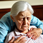 A stressed-looking family member caring for an elderly person with dementia at home. The image should convey feelings of exhaustion and concern. Consider adding visual cues representing the burdens of caregiving, such as piles of medical bills or a cluttered home environment.