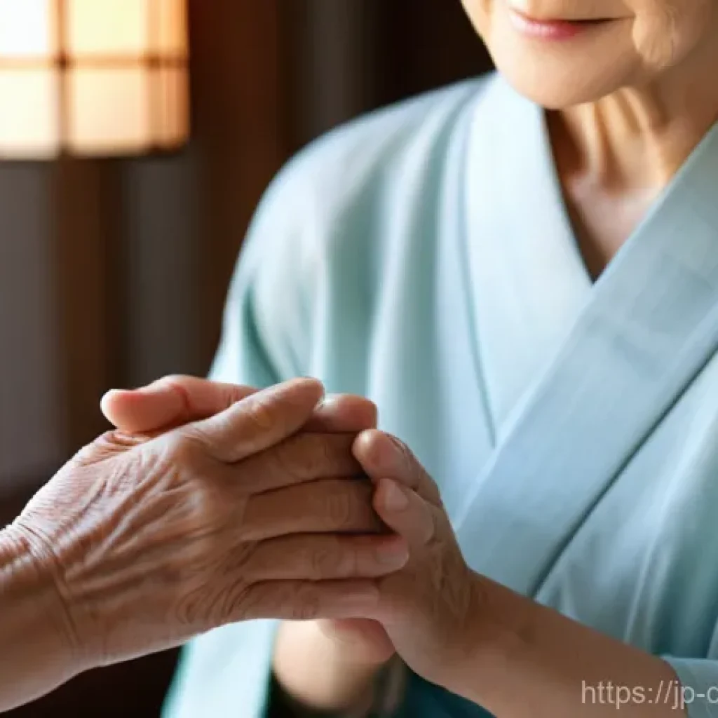 치매관리사 직업의 사회적 가치 - **Prompt:** A serene and heartwarming close-up shot capturing a compassionate Japanese dementia care...