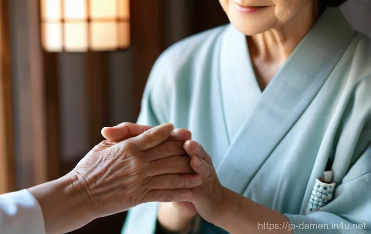 치매관리사 직업의 사회적 가치 - **Prompt:** A serene and heartwarming close-up shot capturing a compassionate Japanese dementia care...