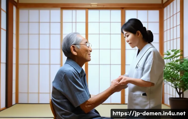 치매관리사 추천 경력개발 과정 - A warm and professional caregiving scene in a modern Japanese nursing home, showing a compassionate ...
