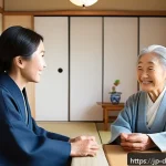 치매관리사 업무 중 응급상황 대처 - A compassionate Japanese caregiver speaking gently and slowly to an elderly dementia patient in a co...