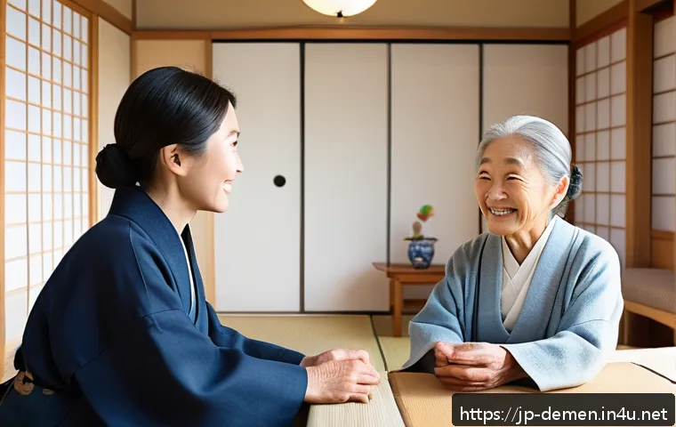 치매관리사 업무 중 응급상황 대처 - A compassionate Japanese caregiver speaking gently and slowly to an elderly dementia patient in a co...