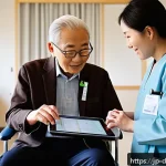 치매관리사와 관련된 최신 법률 - A professional Japanese dementia care manager in a modern care facility, wearing neat business casua...
