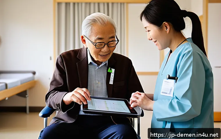 치매관리사와 관련된 최신 법률 - A professional Japanese dementia care manager in a modern care facility, wearing neat business casua...