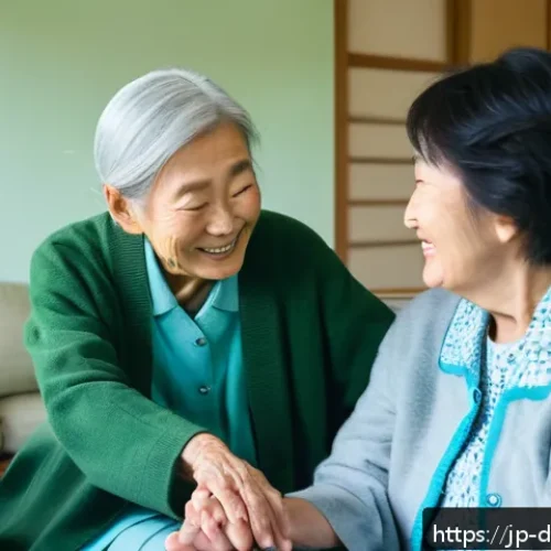 치매관리사 주요 업무와 실무 사례 - A warm and calm dementia care setting inside a Japanese nursing home, featuring a caregiver gently h...