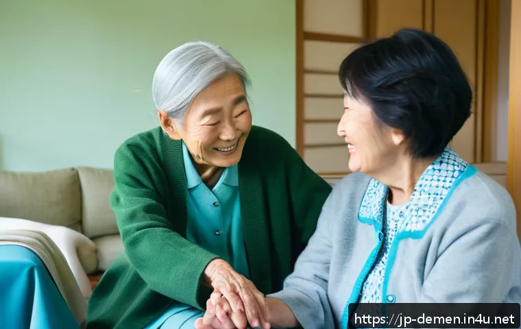 치매관리사 주요 업무와 실무 사례 - A warm and calm dementia care setting inside a Japanese nursing home, featuring a caregiver gently h...