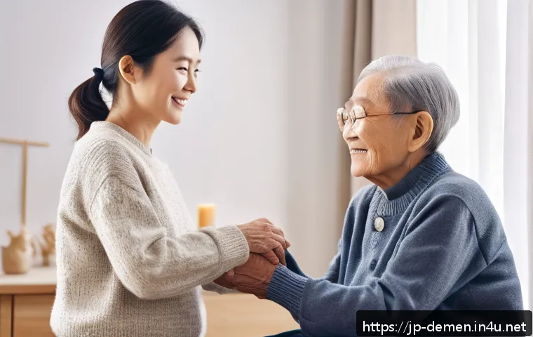 치매관리사 직무에 적합한 성향 - A compassionate caregiver gently holding the hand of an elderly dementia patient in a cozy, softly l...