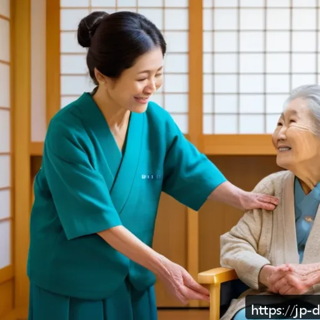 치매관리사와 치매 치료 트렌드 - An empathetic dementia care scene in a modern Japanese care facility, showing a middle-aged female c...