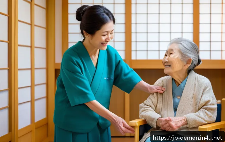 치매관리사와 치매 치료 트렌드 - An empathetic dementia care scene in a modern Japanese care facility, showing a middle-aged female c...