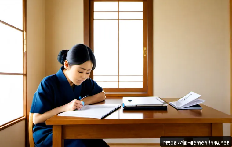치매관리사 교육 비용 비교 - Photorealistic Japanese adult learner at a tidy home desk comparing two caregiving training cost opt...
