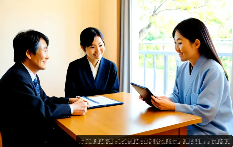 치매관리사 복지 혜택과 장단점 - Photorealistic Japanese dementia care manager in a neat, sunlit consultation room, warmly discussing...